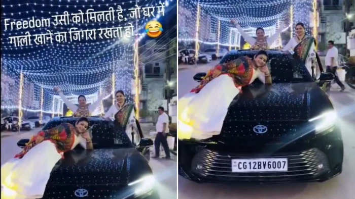 गरबा ड्रेस में चलती कार पर स्टंट, बोनट पर लेटी महिला, दरवाजों पर लटकी दो महिलाएं, वीडियो वायरल